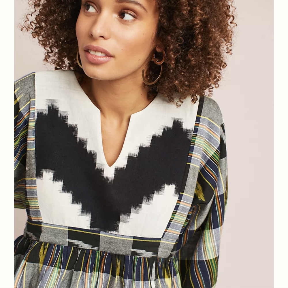 4/$40 NWT Norblack Norwhite | Anthro Mixed Ikat Cotton Top Peplum Sm Petite